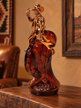 Vintage Bucking Bronco Amber Glass Cowboy Bottle 6 oz w/ Box